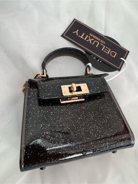 Black Glitter Mini Jelly Top Handle Bag Gold Chain Crossbody
